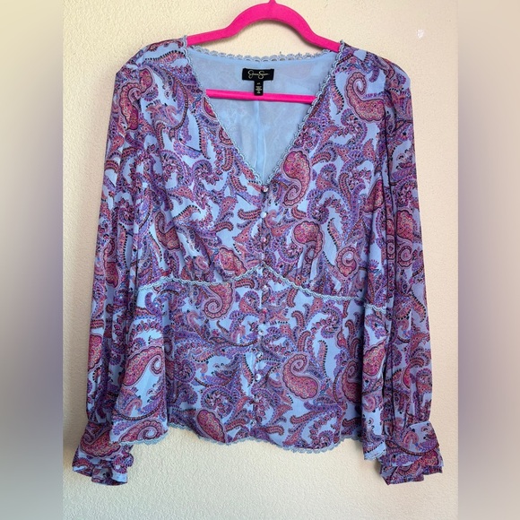 Jessica Simpson Blue Boho Paisley Chiffon Long Sleeve Crochet Trim Blouse 2X - Picture 3 of 12